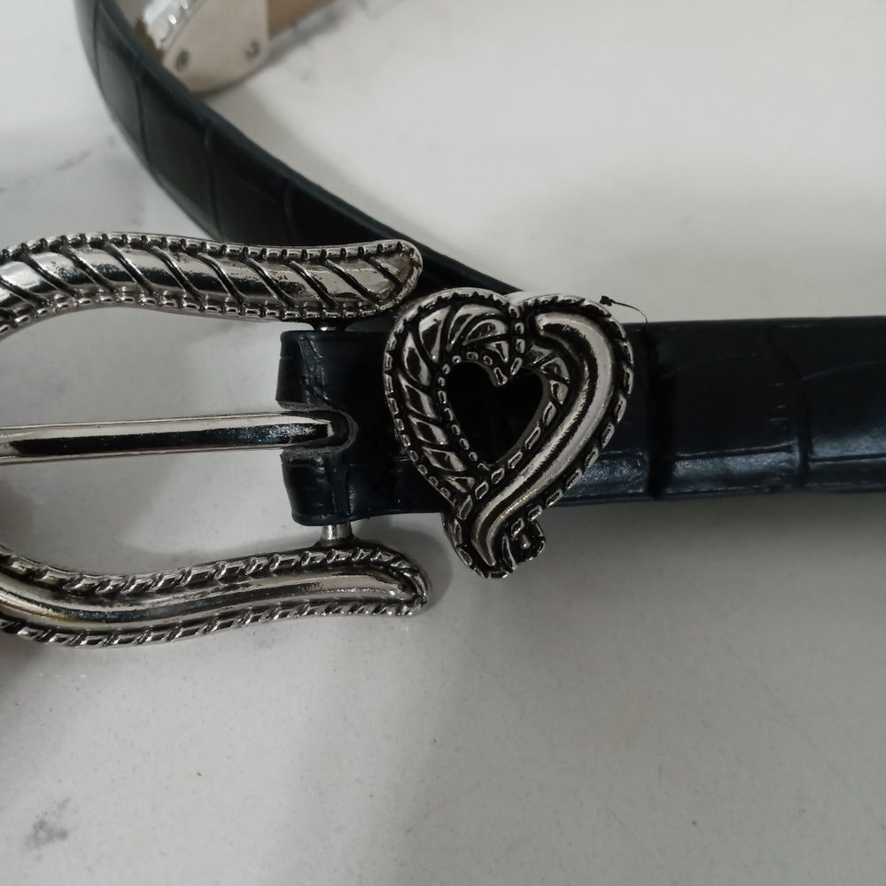 Black Faux Reptile Skin Genuine Leather Silver Embossed Hearts statement Belt